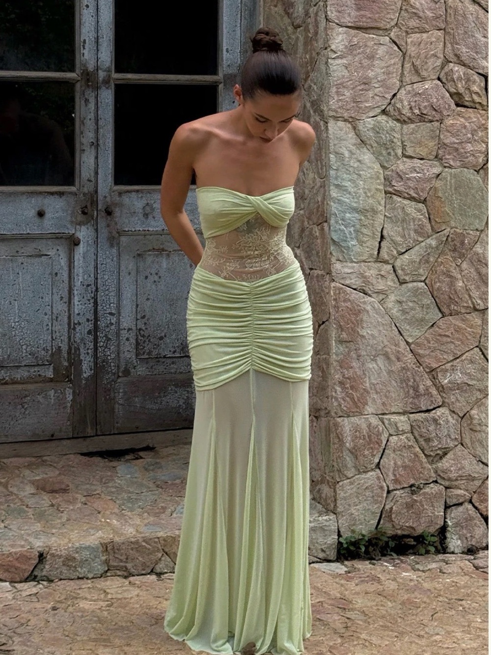 NWT !! Meshki Pale Green Strapless Lace Ruched Maxi Dress